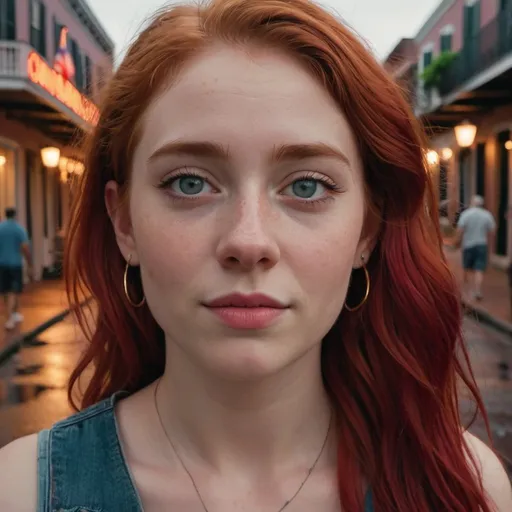 Prompt: Cinematic, realistic, close-up, cinematic documentary of a 22-year-old woman with vibrant red hair and eyes the hue of twilight, embracing the lively spirit of New Orleans, Louisiana, the city’s music and history resonating with her adventurous heart, shot with a Canon EOS R --ar 9:16 --stylize 750