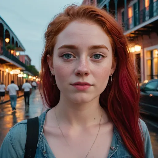 Prompt: Cinematic, realistic, close-up, cinematic documentary of a 22-year-old woman with vibrant red hair and eyes the hue of twilight, embracing the lively spirit of New Orleans, Louisiana, the city’s music and history resonating with her adventurous heart, shot with a Canon EOS R --ar 9:16 --stylize 750