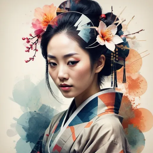 Prompt: Create a double-exposure portrait of a Japanese courtesan that blends abstract, artistic textures, such as splashes of watercolor and light effects, with sharp geometric shapes and lines. The portrait should capture the essence of the woman's personality, adding a dreamy or mysterious feel through the use of abstract patterns, and adding a modern, stylish look through the use of geometric shapes overlapping or merging with his form. There can be flowers on top of geometric lines. The combination of these elements should symbolize the multifaceted nature of the human spirit and the intersection of tradition and modernity, and should evoke a sense of complexity and depth.