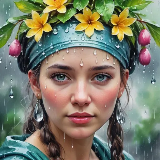 Prompt: watercolor painting that captures the essence of gentle spring rain, realistic water droplets on leaves and flowers.Combining the fluidity of colors with crisp water details in a traditional head dress and clothing adorned by a beautiful female. Close-up. Magical image with hyper-realistic HD bokeh effect and an encaustic painting effect. Rich colors Amazing and beautiful.