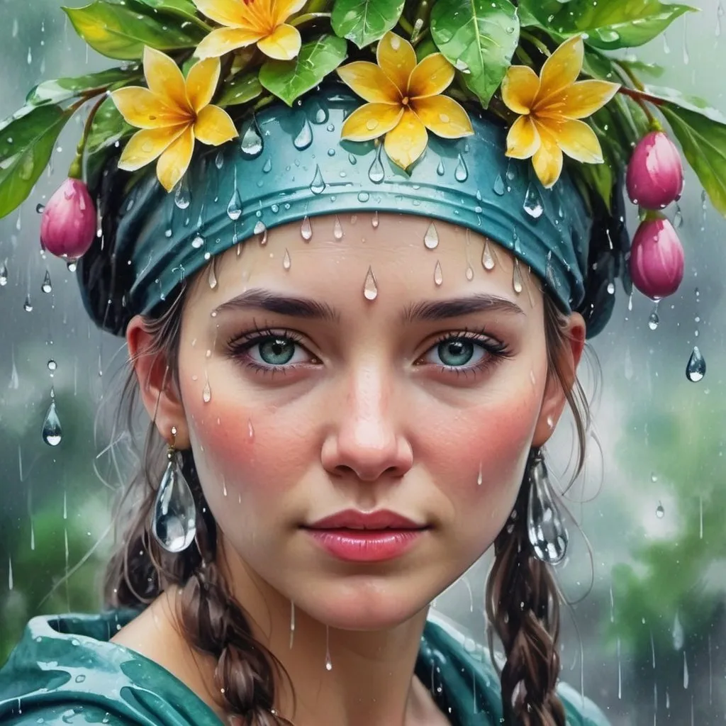 Prompt: watercolor painting that captures the essence of gentle spring rain, realistic water droplets on leaves and flowers.Combining the fluidity of colors with crisp water details in a traditional head dress and clothing adorned by a beautiful female. Close-up. Magical image with hyper-realistic HD bokeh effect and an encaustic painting effect. Rich colors Amazing and beautiful.