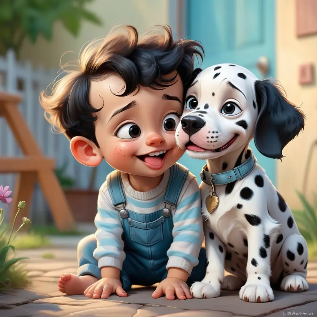 Prompt: exaggerated caricature photo of a littel boy toddler kissing a dalmatian puppy in the style of Lilia Alvarado and Sarah Andersen, trendy illustration on artstation of a toddler wearing overalls, smiling, in style happycore, character design like those from Disney Pixar cartoons, soft and light pastel colors, high contrast 