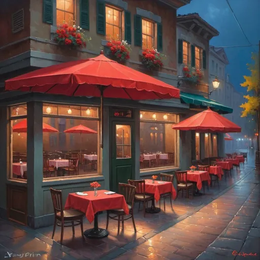 Prompt: a painting of a restaurant with a red umbrella and tables outside of it at night time with flowers on the tables, Evgeny Lushpin,  kinkade, impasto. abstract expressionism