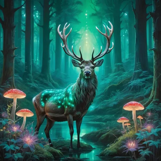 Prompt: In a mystical forest bathed in the soft glow of bioluminescent flora, a majestic stag with antlers that shimmer with an ethereal light grazes peacefully. Towering trees in shades of emerald and jade create a cathedral-like atmosphere, while vibrant blooms of bioluminescent mushrooms illuminate the forest floor.