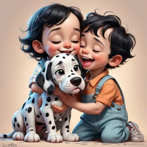 Prompt: exaggerated caricature photo of a littel boy toddler kissing a dalmatian puppy in the style of Lilia Alvarado and Sarah Andersen, trendy illustration on artstation of a toddler wearing overalls, smiling, in style happycore, character design like those from Disney Pixar cartoons, soft and light pastel colors, high contrast 