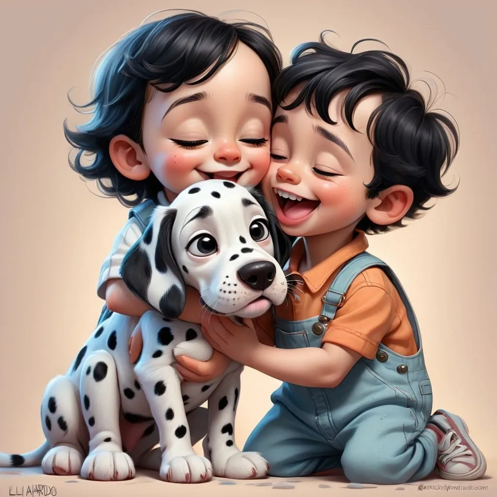 Prompt: exaggerated caricature photo of a littel boy toddler kissing a dalmatian puppy in the style of Lilia Alvarado and Sarah Andersen, trendy illustration on artstation of a toddler wearing overalls, smiling, in style happycore, character design like those from Disney Pixar cartoons, soft and light pastel colors, high contrast 