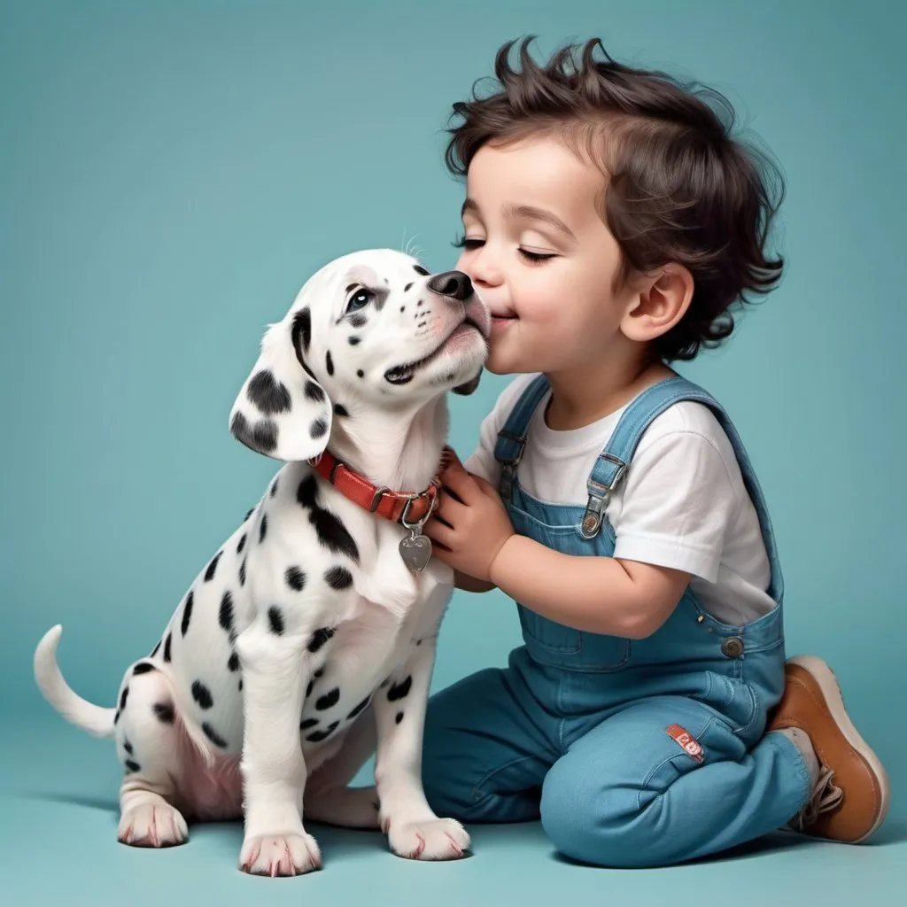 Prompt: exaggerated caricature photo of a littel boy toddler kissing a dalmatian puppy in the style of Lilia Alvarado and Sarah Andersen, trendy illustration on artstation of a toddler wearing overalls, smiling, in style happycore, character design like those from Disney Pixar cartoons, soft and light pastel colors, high contrast 