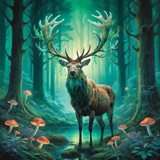 Prompt: In a mystical forest bathed in the soft glow of bioluminescent flora, a majestic stag with antlers that shimmer with an ethereal light grazes peacefully. Towering trees in shades of emerald and jade create a cathedral-like atmosphere, while vibrant blooms of bioluminescent mushrooms illuminate the forest floor.