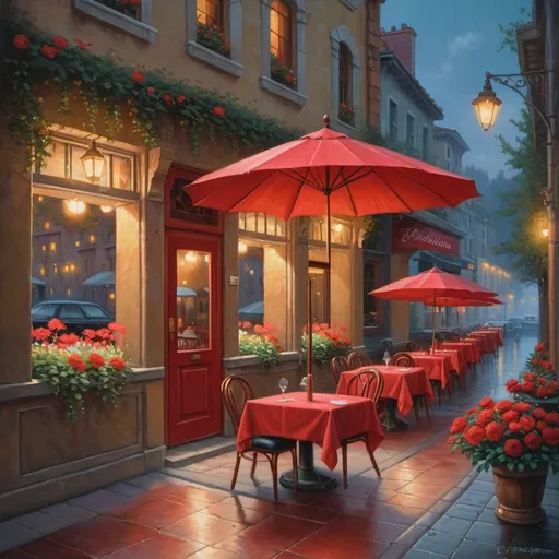 Prompt: a painting of a restaurant with a red umbrella and tables outside of it at night time with flowers on the tables, Evgeny Lushpin, magic realism, kinkade, a fine art painting