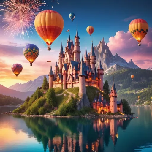 Prompt: a highly detailed photo of a whimsical fairytale castle with colorful spires and fantasy styling on a tiny island on a mountain lake with a village on the shore in the distance, a bright sunset illuminates the mountains, fireworks fill the sky, hot air balloons in the background, cinematic