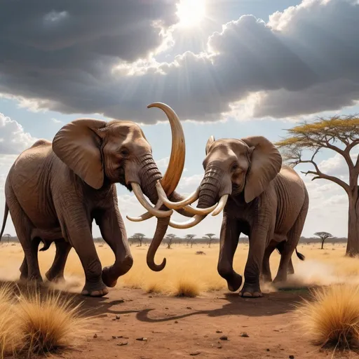 Prompt: Action painting of African Tuskers fighting, with clashing of tusks. Dirt being thrown up. Violent scene. The landscape, the African Savanna, dry, hot, with Baobab trees, golden grasses. The sky is moody with sun rays peeking through the clouds. Ensure high detail with 3D perspective, 32k. —style raw —s 400 —ar 16:9 —v 6