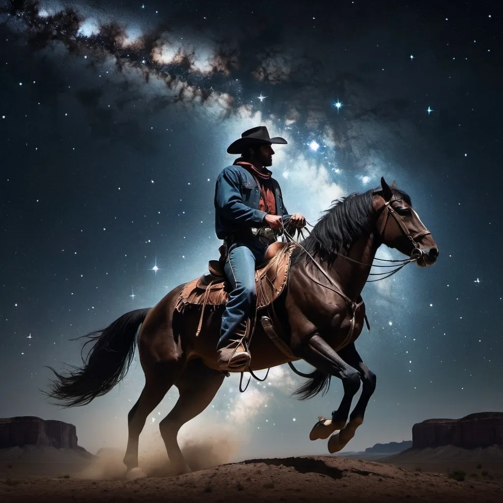 Prompt: dark cowboy riding a horse into the stars