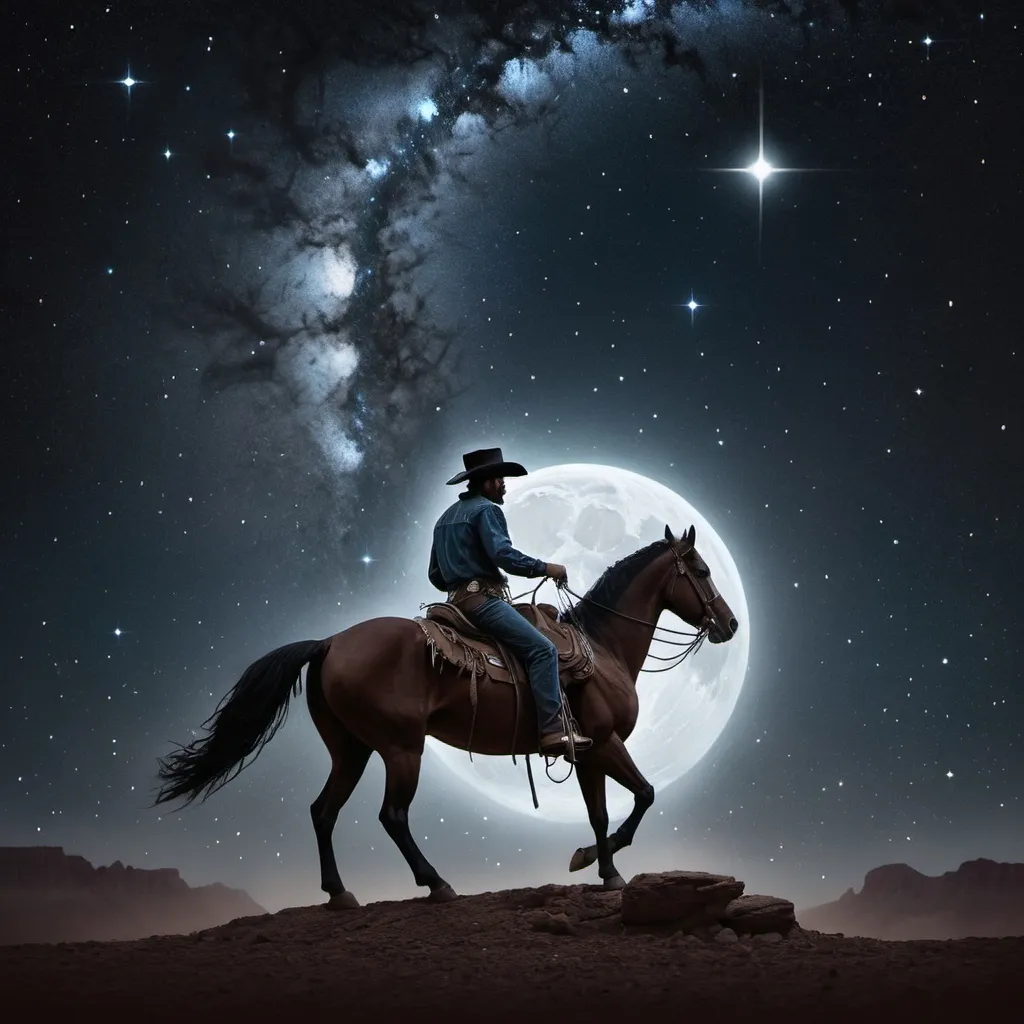 Prompt: dark cowboy riding a horse into the stars