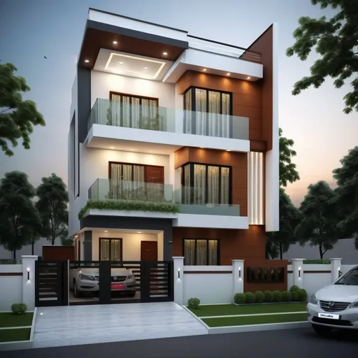 Prompt: Contemporary design for duplex house 40* 60 ft size land , North side road , provide main entrance on east side, maintain 5ft open area on east side, provide 3ft open area on west and south sides, provide 17 ft lawn on North side, provide one kitchen, one bed room with wash areas, Pooja room and living area on 1st floor, provide three bed rooms with h wash areas on 2nd floor and provide one home theatre and gym area on 3rd floor. Provide stair case internal of house