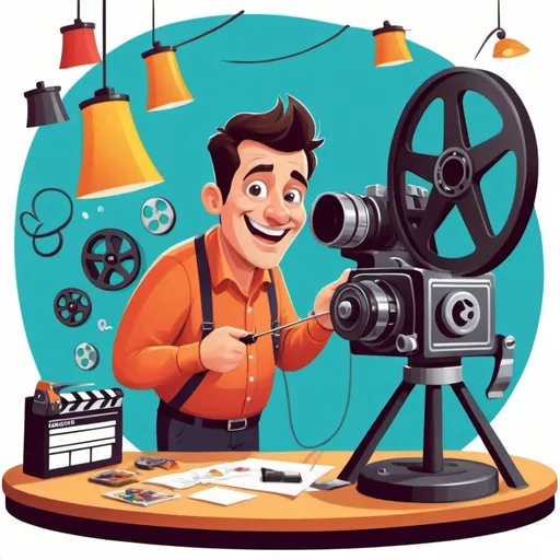 Prompt: Create a vibrant and playful cartoon illustration of a reel maker at work. The scene should show a cheerful character, with exaggerated features, working enthusiastically on creating a video reel. Surround the character with various elements related to video production, such as cameras, film reels, a clapperboard, and editing tools. The background should be colorful and lively, conveying a sense of creativity and excitement. Add a caption that reads 'Bringing Stories to Life!' in a fun, bold font