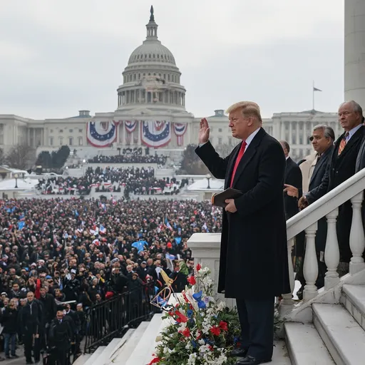 Prompt: /imagine prompt: A scene depicting Donald Trump's presidential inauguration day in January 2025, showing the 45th President of the United States standing confidently on the steps of the U.S. Capitol during the ceremony. He is dressed in a classic black overcoat and red tie, raising his right hand for the oath of office, while his left hand rests on a large Bible. The background features the grandeur of the Capitol building, adorned with patriotic decorations such as large American flags draped across its facade. A large, diverse crowd of spectators fills the National Mall, waving small flags, as they witness the historic event. The atmosphere is formal and celebratory, with muted winter tones, overcast skies, and soft lighting capturing the solemnity of the moment. The scene emphasizes tradition, unity, and the peaceful transfer of power in American democracy. --ar 16:9 --q 2 --s 750 --c 20