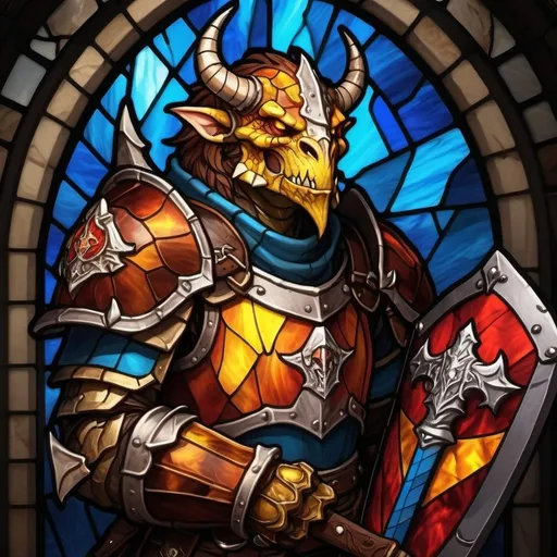 Prompt: A DND dragonborn warrior wielding a shield with an eye emblem and a Warhammer, bathed in holy light, heroic