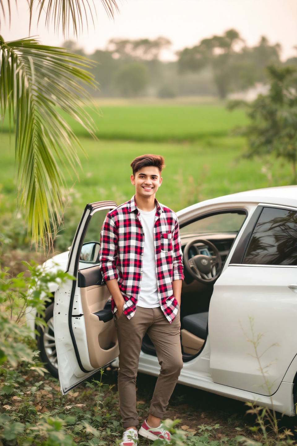 Prompt: Amidst a rural setting, a young man stands confidently beside a sleek white car, its door ajar, inviting a sense of adventure. Dressed in a plaid shirt and casual trousers, he flashes a friendly smile that conveys happiness and pride, perhaps at being outdoors or sharing a moment with friends. The background features scattered foliage and a green field, suggesting a warm, late afternoon under soft, diffused light that hints at sunset. Delicate palm trees frame the scene, complementing the casual atmosphere, while the composition emphasizes the car as a symbol of freedom and exploration. This image captures a moment of youthful exuberance, evoking a narrative of journeys yet to come.
