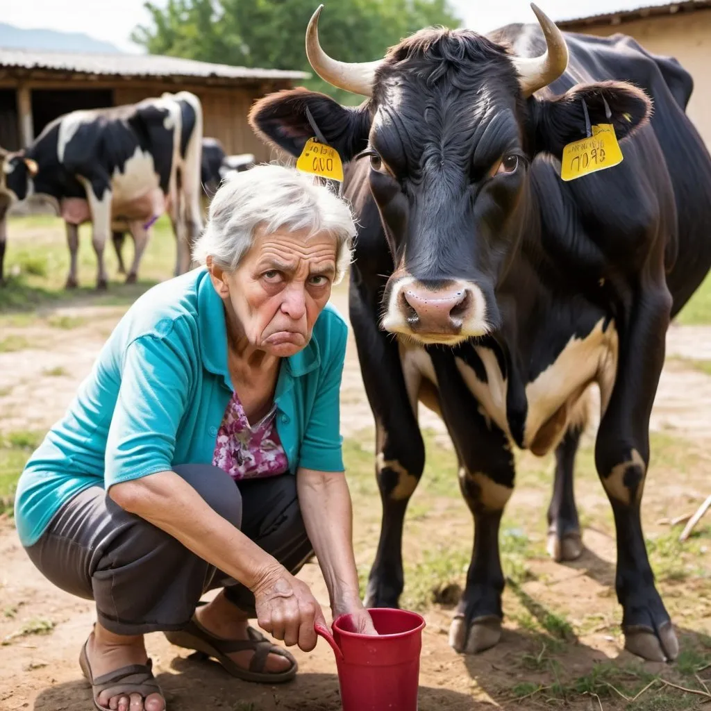 Prompt: angry grandmother milking malnourished cow