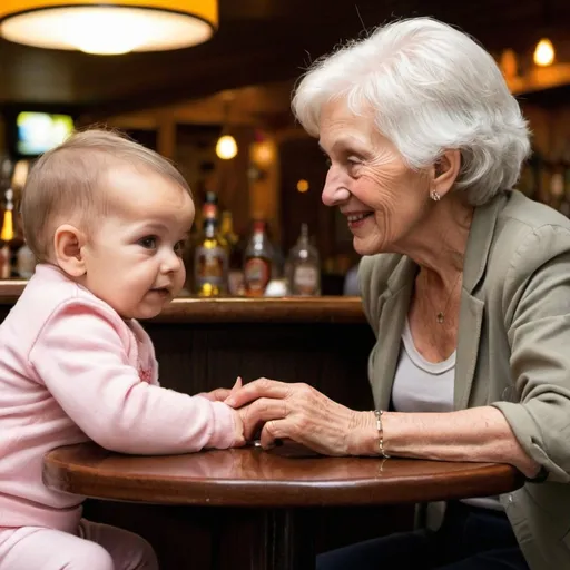 Prompt: infant at bar flirting with elderly woman