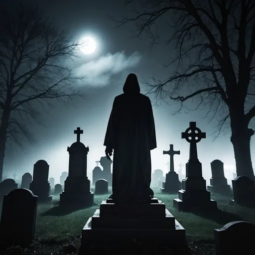 Prompt: graveyard at night, toxic fog, tall shadowy figure