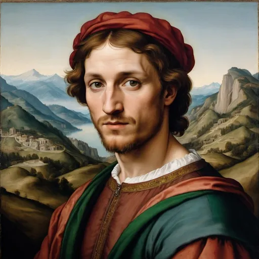 Prompt: A painted portrait of a man in the style of Italian Renaissance painter Raphael with mountains in the background