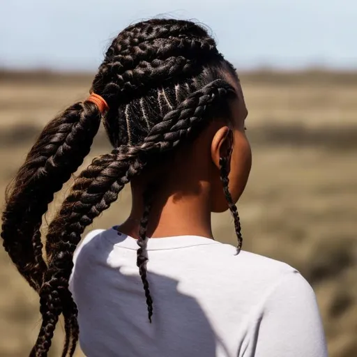 Prompt: young woman rear view braided hair in wind,

