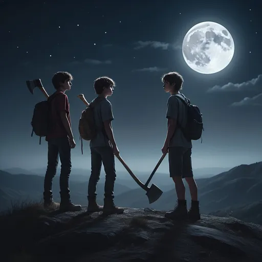 Prompt: Three 20-year-old teenagers, each of them standing on a separate hill and looking at the other teenagers in the darkness of the night and moonlight with an ax in their hands, as if they want to fight