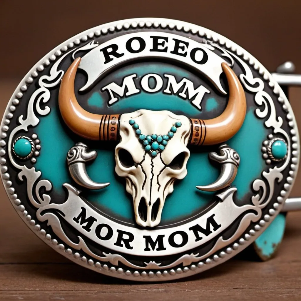 Prompt: a western vintage belt buckle logo with rodeo mom as text and featuring longhorn skull and turquoise background