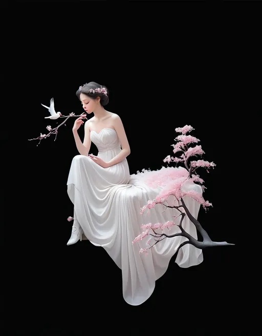 Prompt: An enchanting scene in a pristine white forest, where delicate pink flowers softly blanket the ground. A graceful lady sits elegantly on a branch, adorned with the same soft pink blossoms. she seems lost in her thoughts. she hold a white bird on her hand. She is dressed in a flowing white gown, she looks at the bird, seemingly at peace with her surroundings. The overall atmosphere of the image is serene and dreamy, with a touch of magical realism.