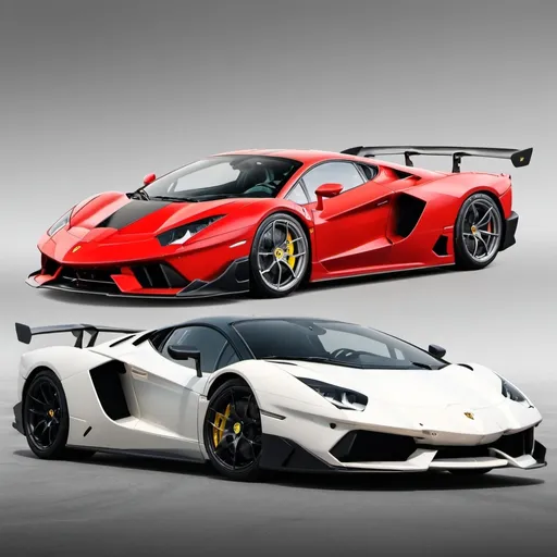 Prompt: Morph Ferrari FXX K EVO and Lamborghini Aventador SVJ 