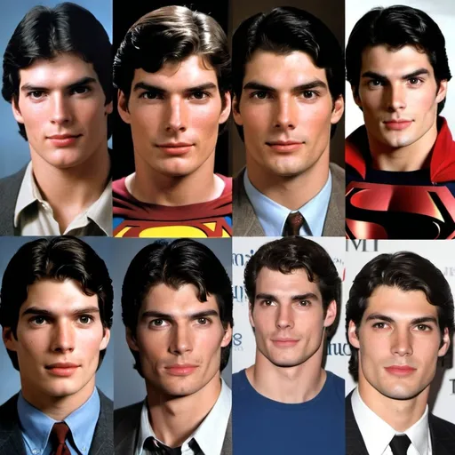 Prompt: Morph faces of young Christopher Reeve, Will Reeve, Brandon Routh, young John Newton, young Gerard Christopher, Henry Cavill, David Corenswet, and Tyler Hoechlin