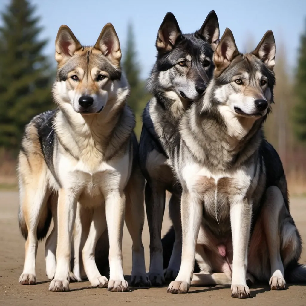 Prompt: Morph hybrids of NorthAID North American-Indian wolfDog × Czechoslovakian Wolfdog × Saarloos Wolfdog × British Lupine wolfDog × Tamaskan wolfDog × Blue Bay Shepherd Wolfdog × ANCD Alaskan Noble Companion wolfDog × Wild_Bullet Kennel Wolfdog 