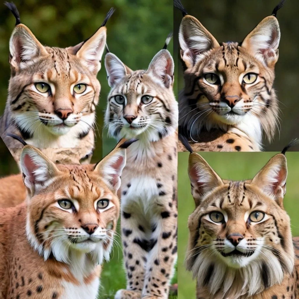 Prompt: Morph hybrids of Eurasian Lynx + Canadian Lynx + Maine Coon + Serval + Caracal + Serengeti Cat