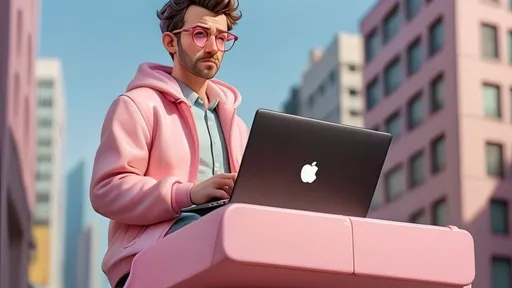 Prompt: wallpaper size 16:9 pink pastel color and bottom middle has glasses man stand up on the city carry the laptop in cartoon with angle picture style 2.5d game clear background the man 2:10 scale
