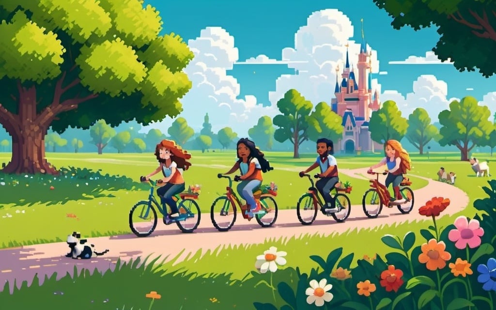 Prompt: Create a colorful Disney-style pixel art illustration of a group of diverse friends, including a boy and a girl, riding bicycles through a lush green field.  Maybe one of the friends is riding a tandem bike with a cute little critter in the back.  There could be bright blue skies with fluffy white clouds and colorful flowers scattered throughout the field.