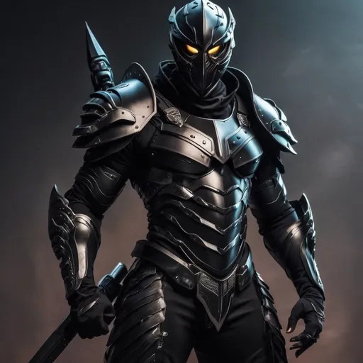 Prompt: Futuristic black warrior with mask and armor and weapon