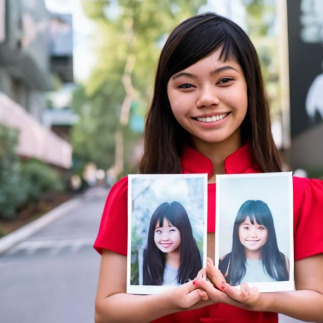 Prompt: A Asian girl holding photos with 2 hands 
