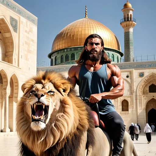 Prompt: A beautiful angry Muslim man with long hair, a beautiful beard, and muscles, riding a strong lion with a lioness, and the Al-Aqsa Mosque behind him.