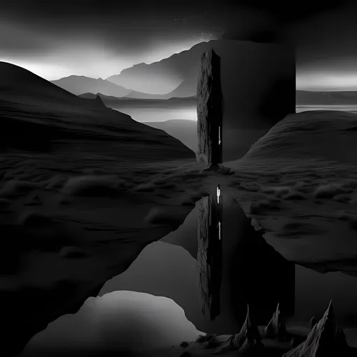 Prompt: Soul walking into nowhere, mirror reflection, desolate landscape, surreal atmosphere, high-res, digital art, surrealism, monochromatic, eerie lighting, detailed reflection, haunting, atmospheric, dreamlike, minimalist, enigmatic, subtle shadows, innerspace immersive changes faith world raising earth cosmos motion clarity depth corrosive