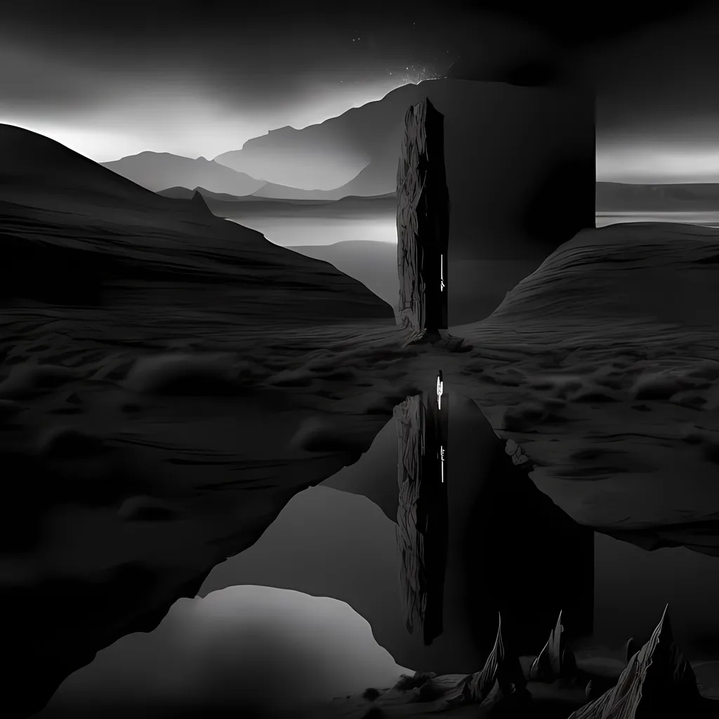 Prompt: Soul walking into nowhere, mirror reflection, desolate landscape, surreal atmosphere, high-res, digital art, surrealism, monochromatic, eerie lighting, detailed reflection, haunting, atmospheric, dreamlike, minimalist, enigmatic, subtle shadows, innerspace immersive changes faith world raising earth cosmos motion clarity depth corrosive