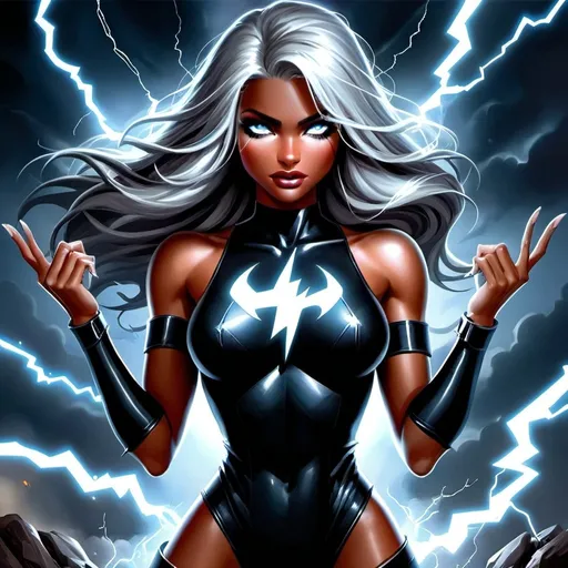 Prompt: a woman in a black outfit with lightnings on her hands and a lightning bolt in the background,, Anne Stokes, gothic art, storm, a comic book panel to flying