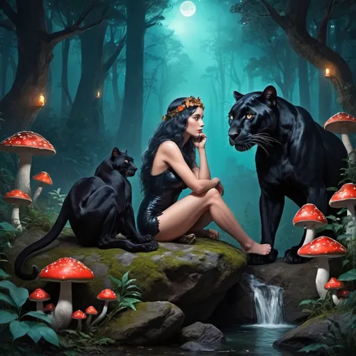 Prompt: A panther sitting in forest in the night but it’s a mystical forest with mushrooms and other fairy things in it and a beautiful siren (from mythology) sitting on a rock and watching the panther afar, like she is in love with the panther. 