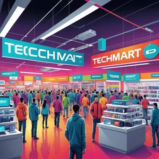 Prompt: TECHMART.COM Vibrant digital illustration of a bustling electronics store, promotional banners with bright colors, customers exploring the latest tech, energetic and dynamic atmosphere, high-quality digital art, modern and vibrant style, vibrant color palette, energetic lighting, futuristic technology, bustling crowd, sales staff, high-tech gadgets, futuristic, vibrant, digital illustration, energetic atmosphere, modern style, bustling crowd, futuristic technology, vibrant color palette, promotional banners, high-quality