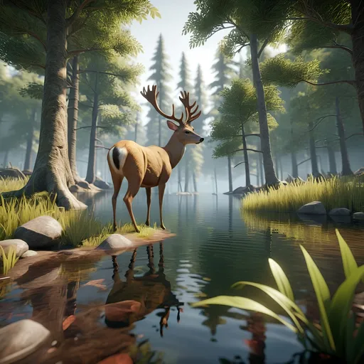Prompt: a mysterious forest next to a lake a deer drinking from the lake, high quality, unreal engine