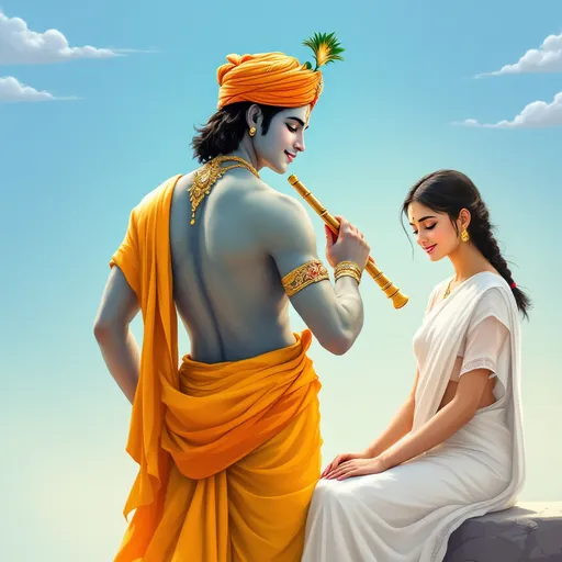 Prompt: Krishna looking back side holding flute in his hand and a girl sitting beside him 
