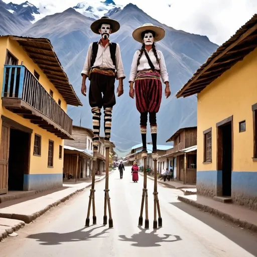 Prompt: On a main street in an Andes mountain village, one man and one woman walk on high stilts.