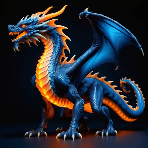 Prompt: A full-body, majestic blue-scaled dragon with glowing orange horns, standing against a solid dark navy blue background (#0E1B30). The dragon has high contrast, sharp and detailed scales, piercing glowing eyes, and an ethereal aura. It has large, powerful wings, a muscular body, and a long, dynamic tail. The lighting is dramatic, emphasizing its texture and form. The style is semi-realistic with a fantasy touch, ultra-detailed, 8K resolution, cinematic lighting, Unreal Engine style, isolated subject, no background distractions