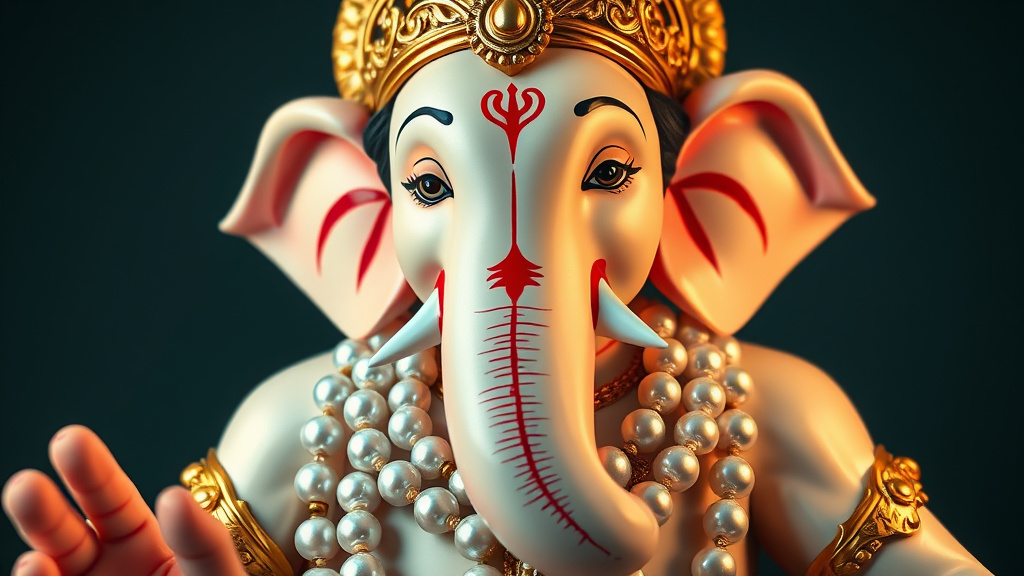 Prompt: A wide shot of Lord Ganesha wearing a necklace made of shining pearls, each reflecting light, symbolizing purity and divine beauty around his neck.