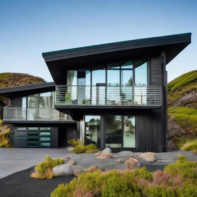 Prompt: modern house overlooking black sand beach, concrete, cold, dark, black sand, blue water, square home, wood accents, green moss covering rocks, rocky mountains